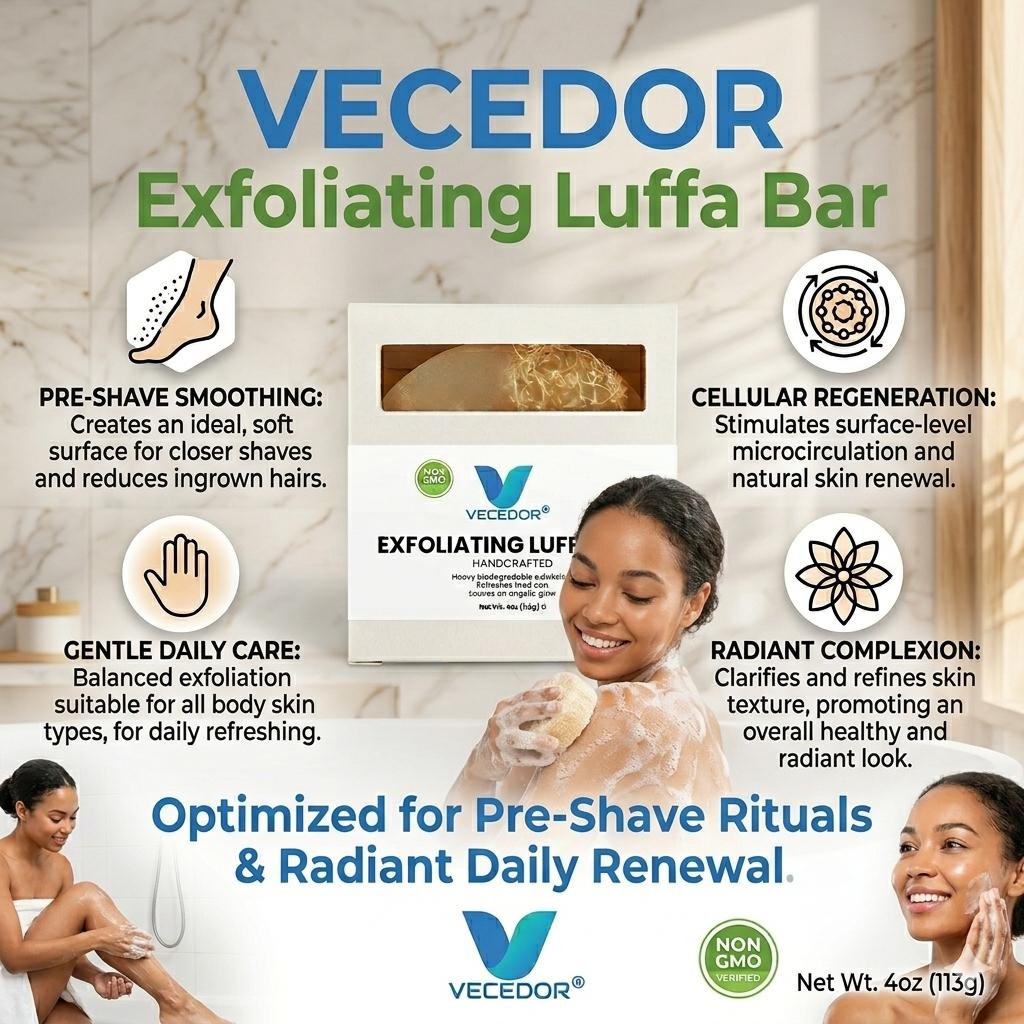 VECEDOR Exfoliating Luffa Bar – Natural Loofah Soap for Deep Cleansing & Smooth, Glowing Skin – Gentle Body Scrub, 4oz