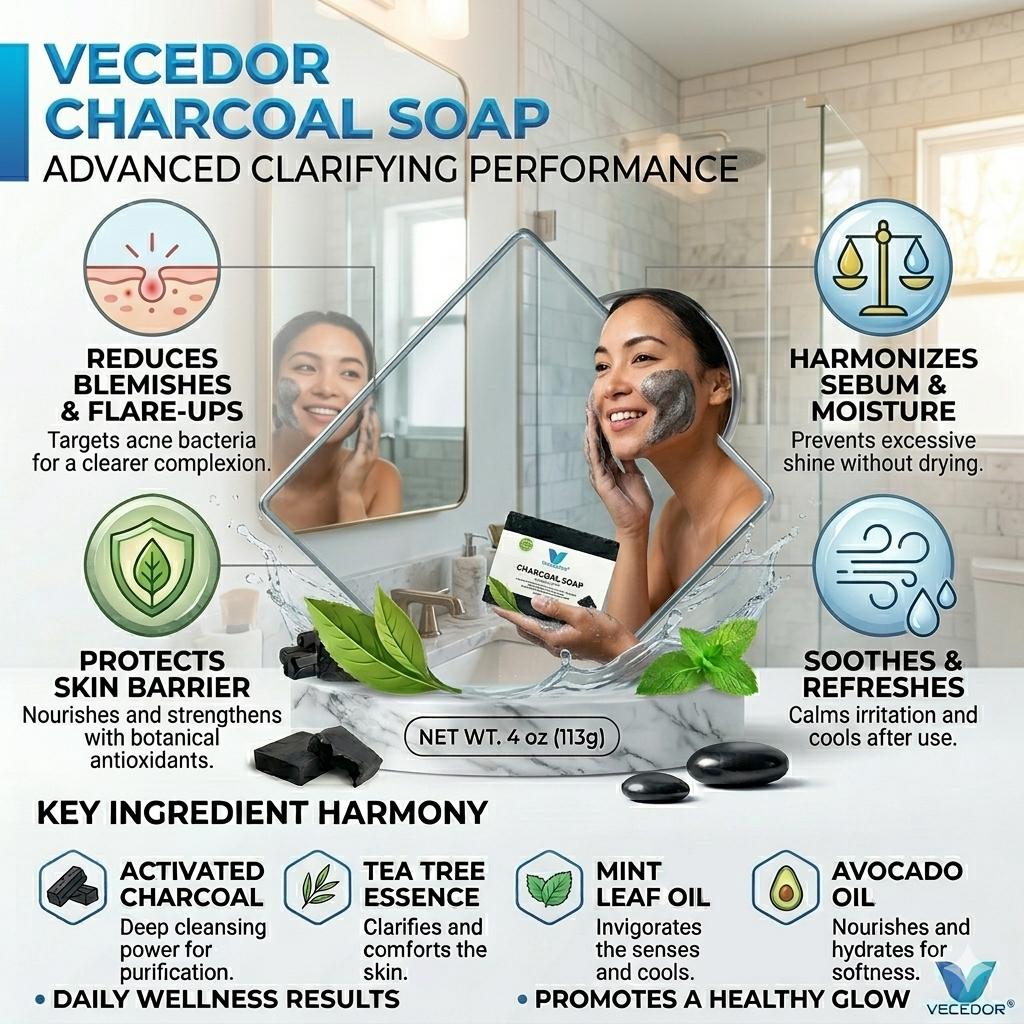 VECEDOR Charcoal Soap – Detoxifying Bar for Oily & Acne-Prone Skin – Deep Cleansing, Exfoliating & Brightening, 4oz
