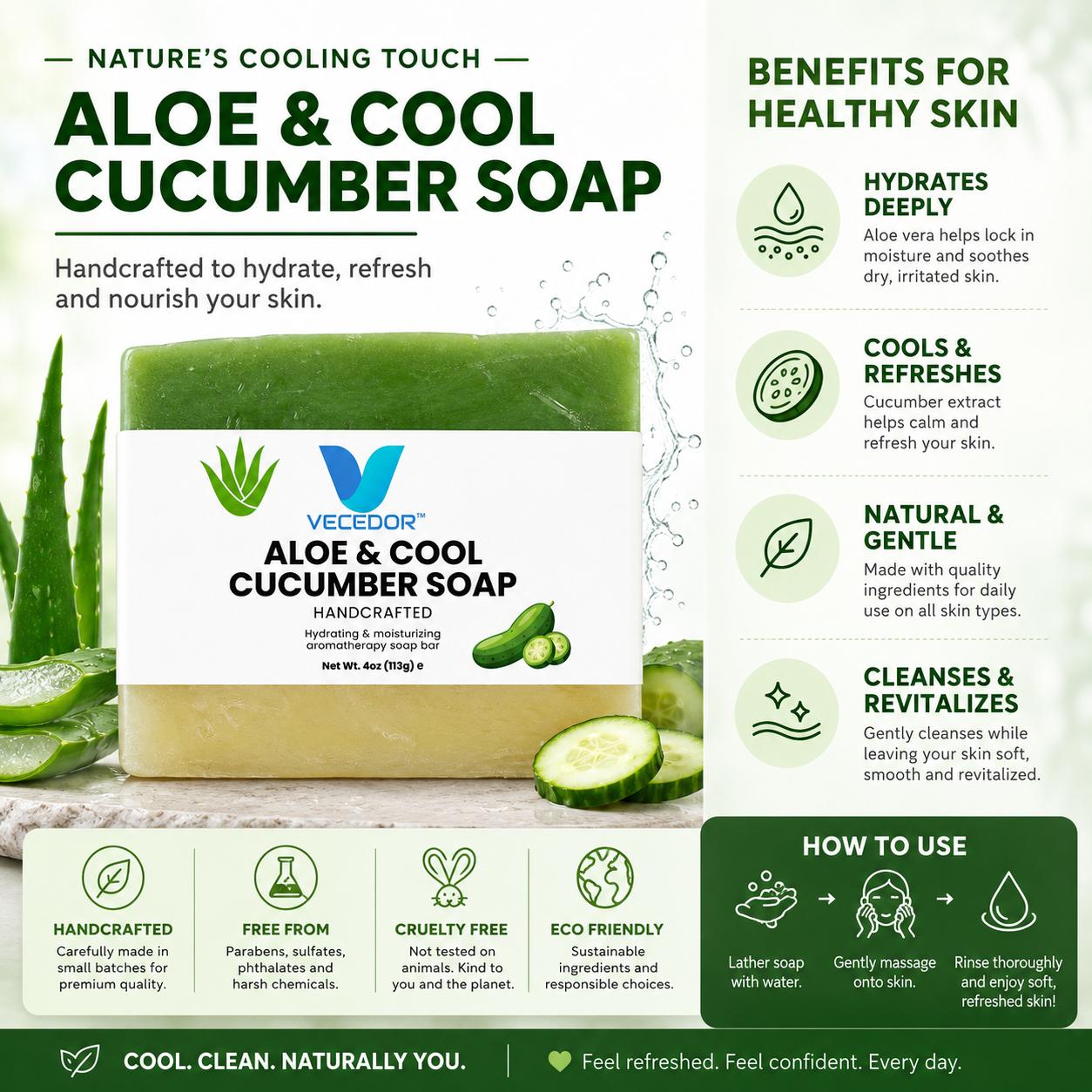 VECEDOR Aloe & Cool Cucumber Soap, Refreshing and Hydrating Face & Body Bar, 4 oz