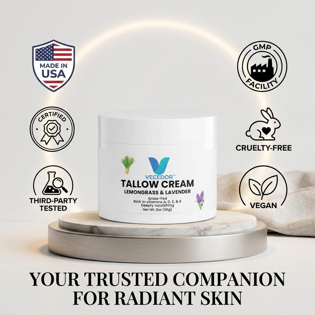 VECEDOR Tallow Cream Lemongrass & Lavender – Natural Face & Body Moisturizer for Dry Skin, Nourishing & Hydrating Balm, 2oz