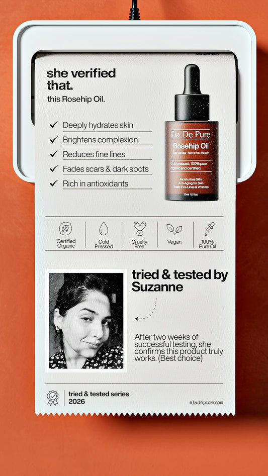 Rosehip oil product information and testimonial on a receipt