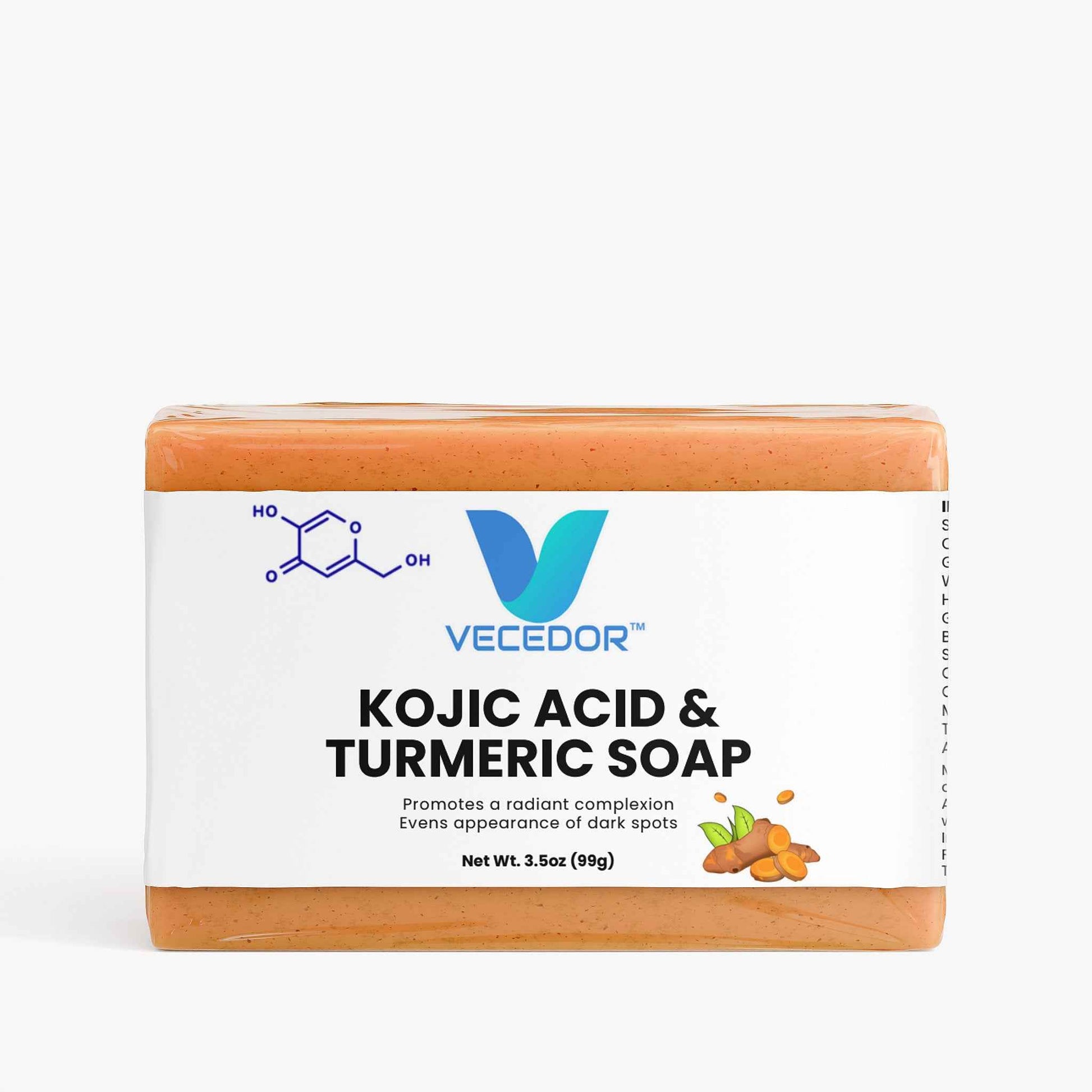 VECEDOR Kojic Acid & Turmeric Soap – Brightening & Dark Spot Remover Bar for Glowing Skin, 4oz