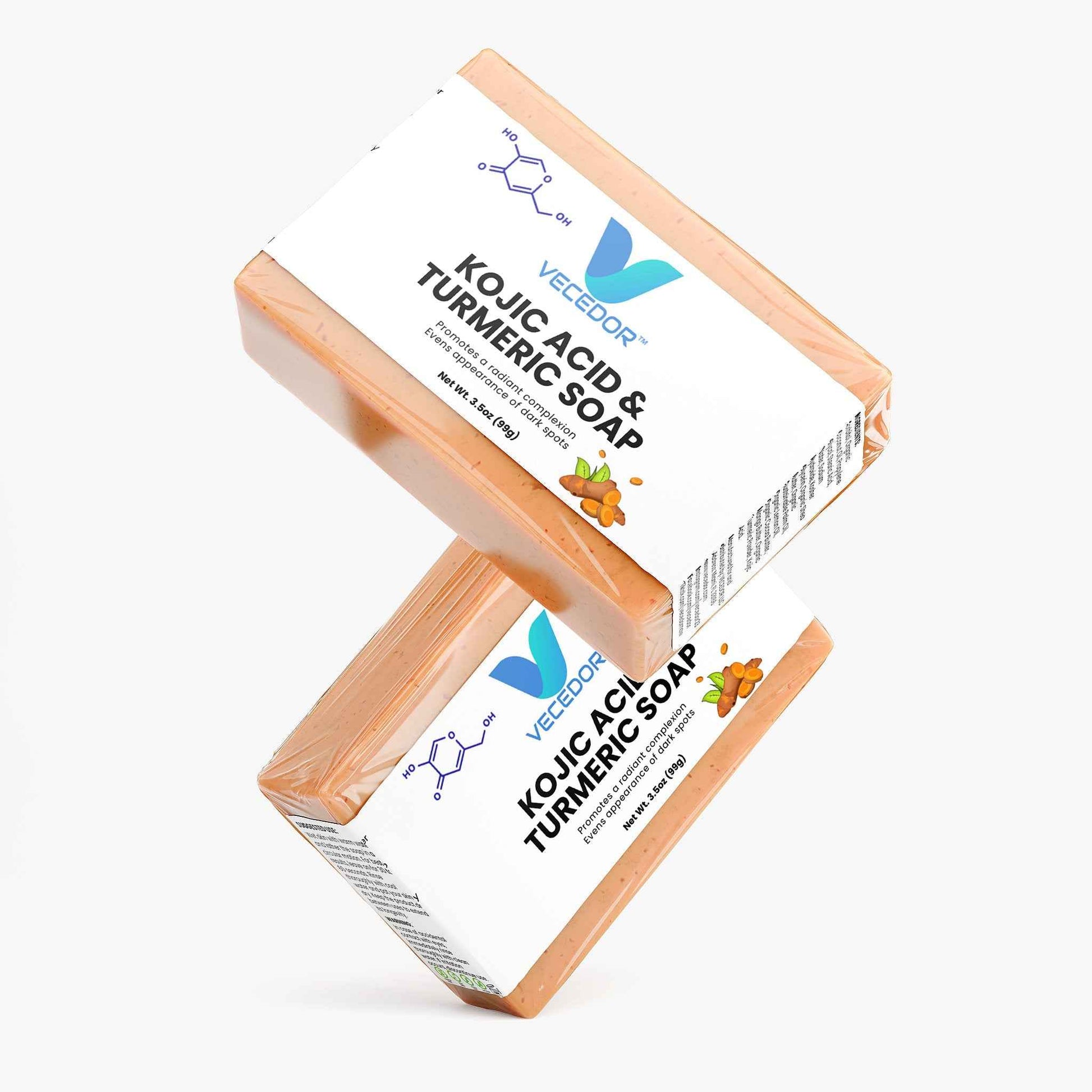 VECEDOR Kojic Acid & Turmeric Soap – Brightening & Dark Spot Remover Bar for Glowing Skin, 4oz