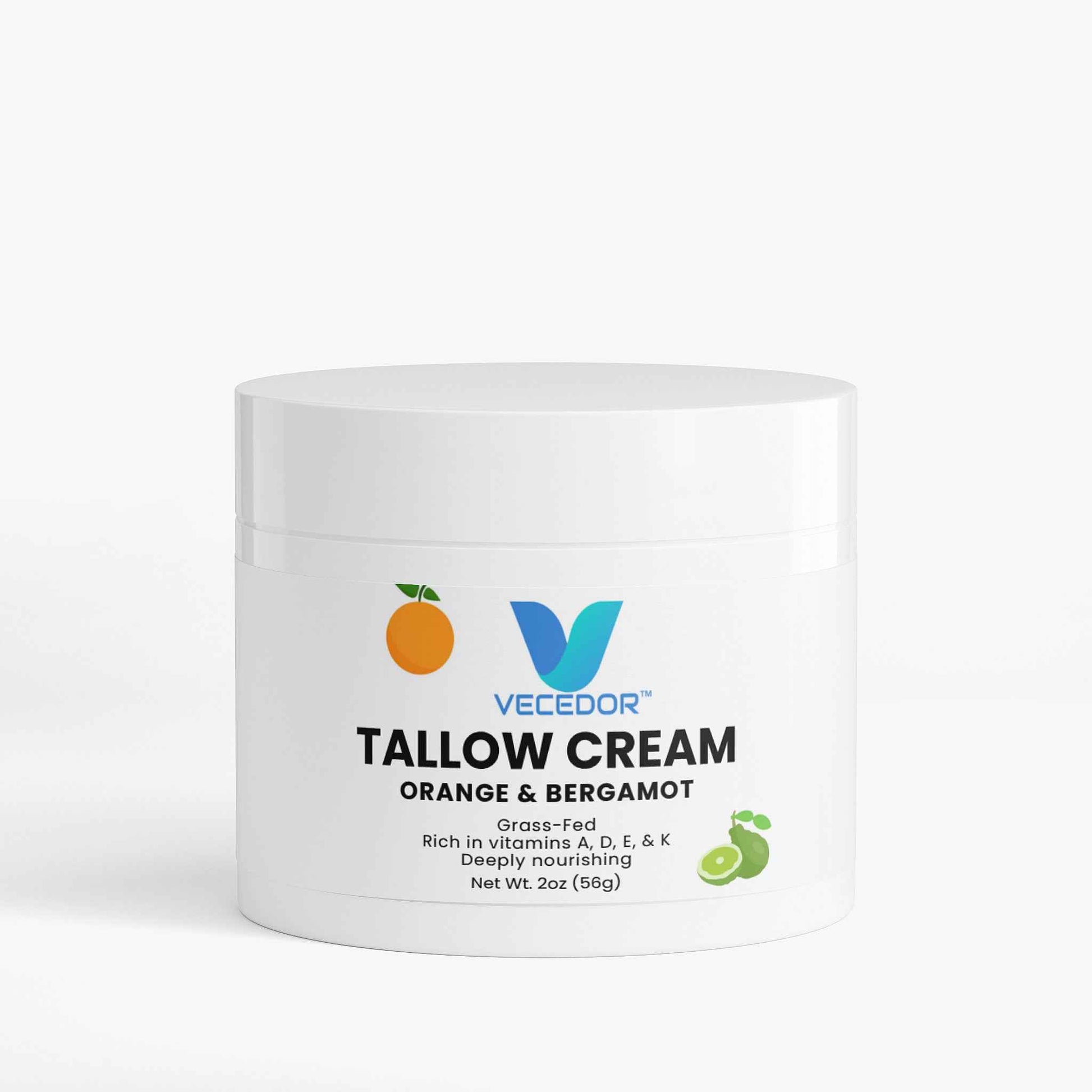 VECEDOR Tallow Cream Orange & Bergamot – Natural Face & Body Moisturizer for Dry Skin, Nourishing & Hydrating Balm, 2oz