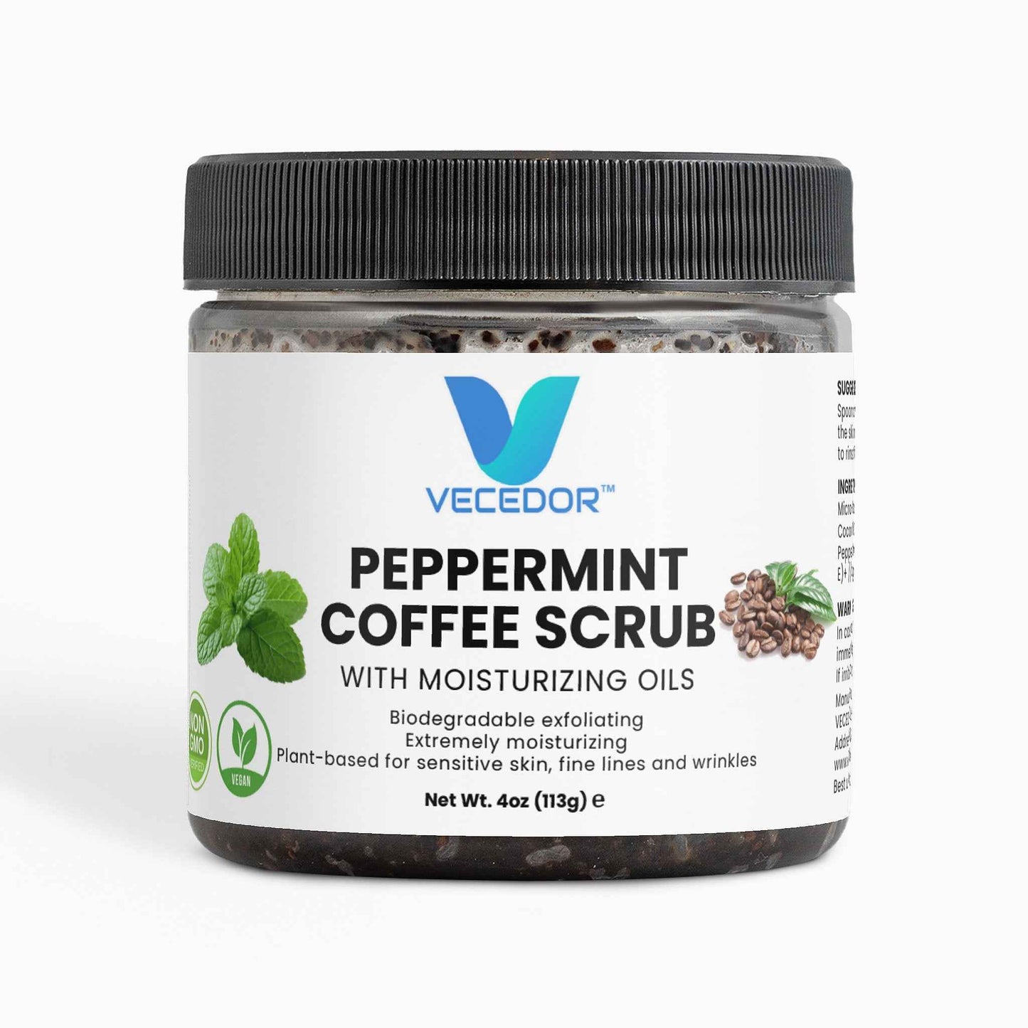 VECEDOR Peppermint Coffee Scrub – Exfoliating Body & Face Scrub for Smooth, Glowing Skin – Natural Moisturizing & Cellulite Care, 4oz