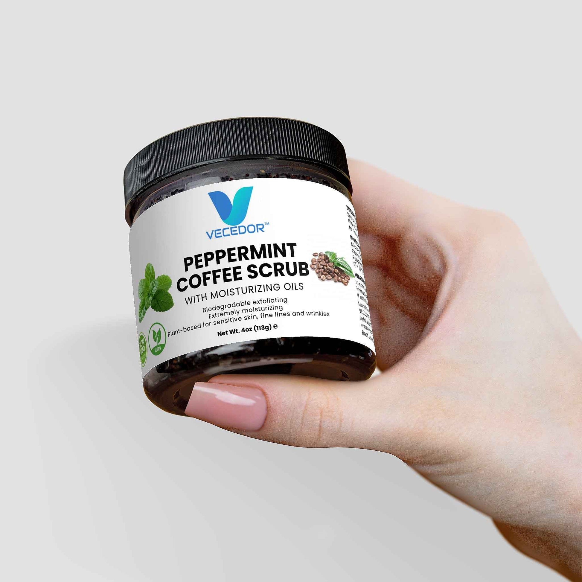 VECEDOR Peppermint Coffee Scrub – Exfoliating Body & Face Scrub for Smooth, Glowing Skin – Natural Moisturizing & Cellulite Care, 4oz
