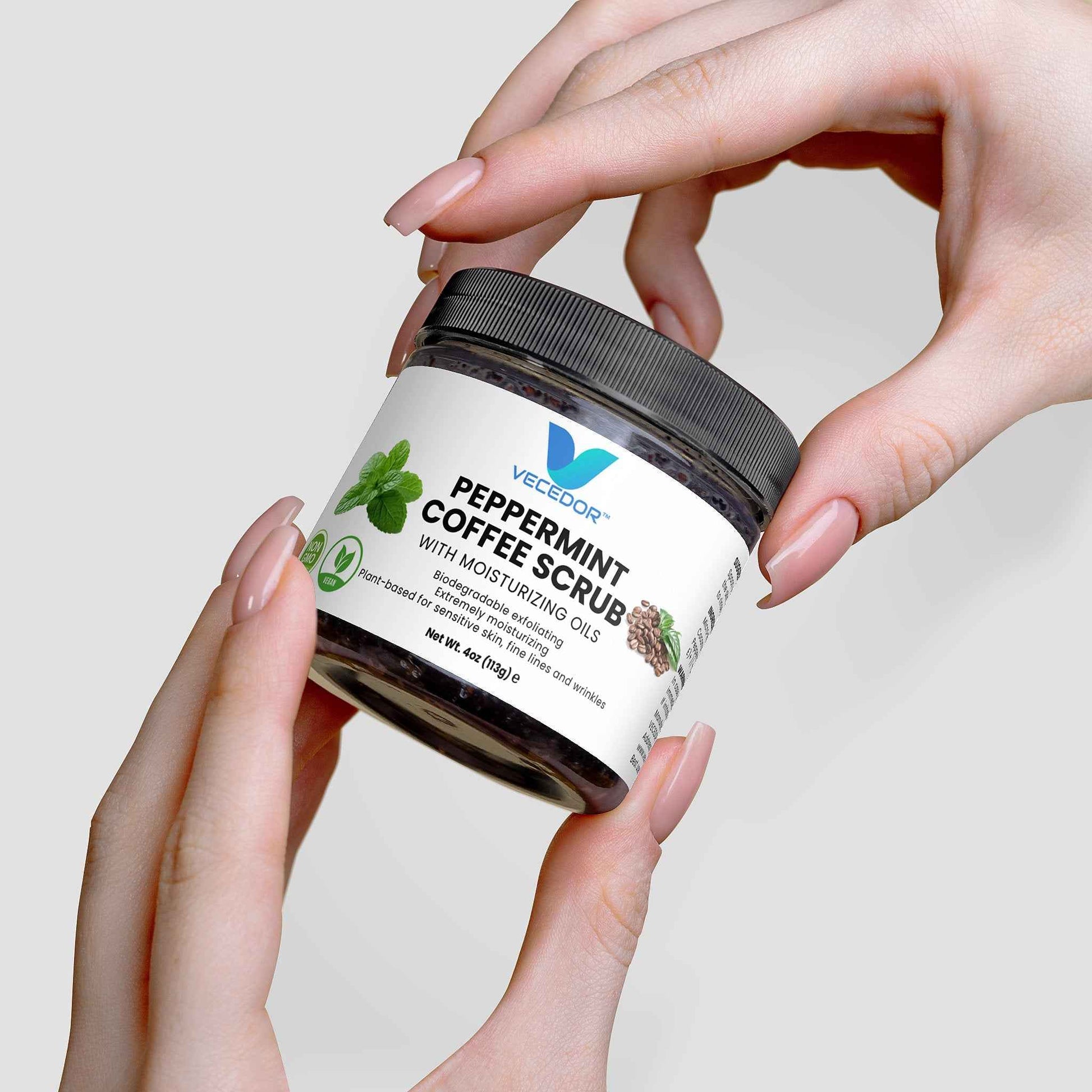 VECEDOR Peppermint Coffee Scrub – Exfoliating Body & Face Scrub for Smooth, Glowing Skin – Natural Moisturizing & Cellulite Care, 4oz