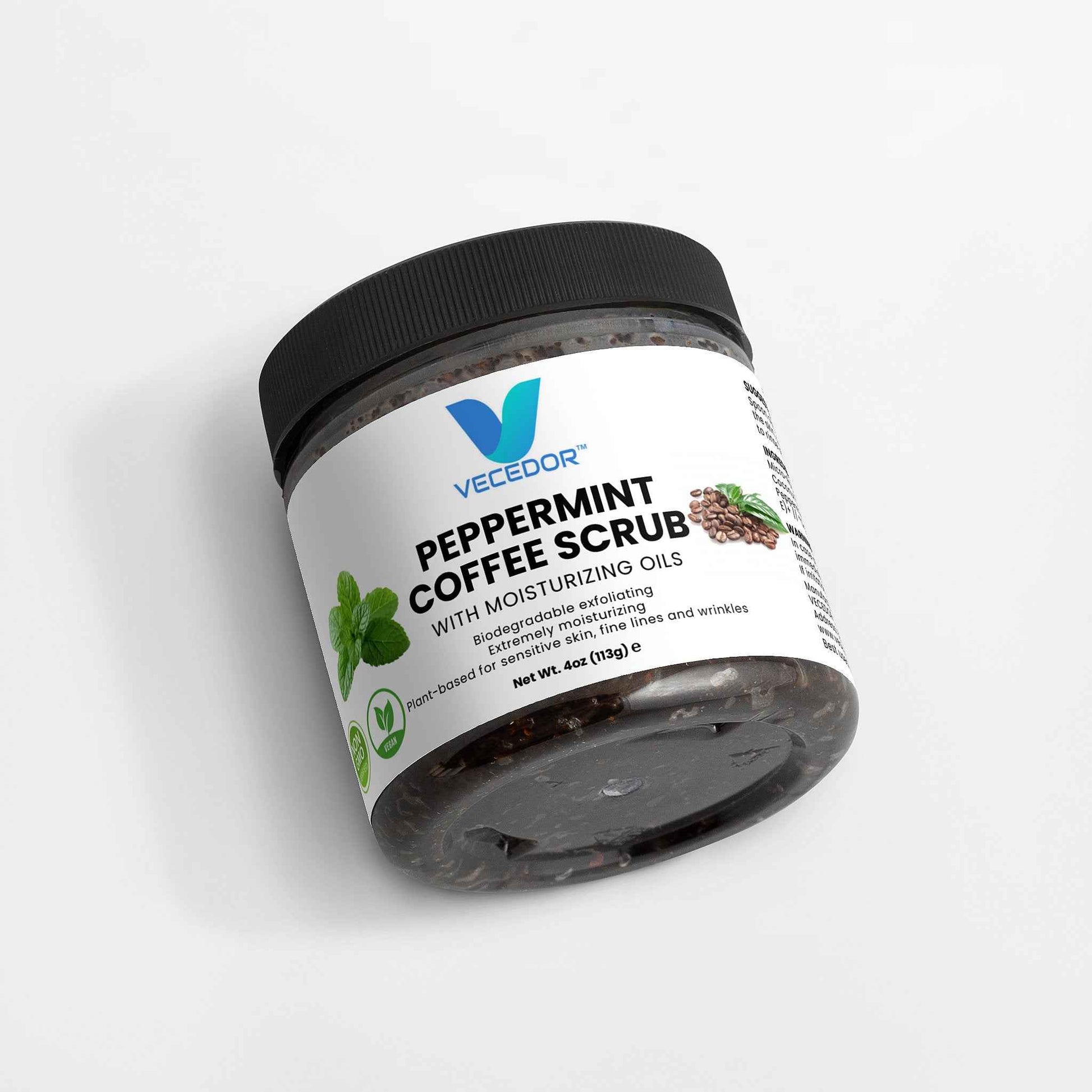 VECEDOR Peppermint Coffee Scrub – Exfoliating Body & Face Scrub for Smooth, Glowing Skin – Natural Moisturizing & Cellulite Care, 4oz