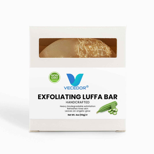 VECEDOR Exfoliating Luffa Bar – Natural Loofah Soap for Deep Cleansing & Smooth, Glowing Skin – Gentle Body Scrub, 4oz