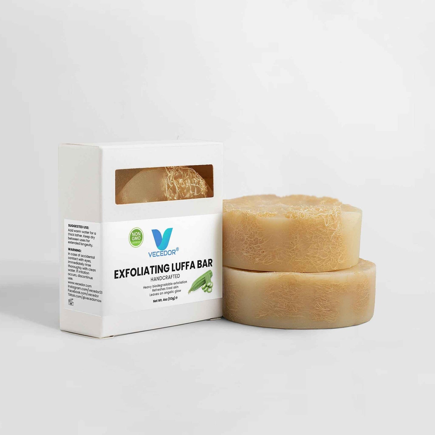 VECEDOR Exfoliating Luffa Bar – Natural Loofah Soap for Deep Cleansing & Smooth, Glowing Skin – Gentle Body Scrub, 4oz