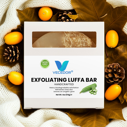 VECEDOR Exfoliating Luffa Bar – Natural Loofah Soap for Deep Cleansing & Smooth, Glowing Skin – Gentle Body Scrub, 4oz VECEDOR