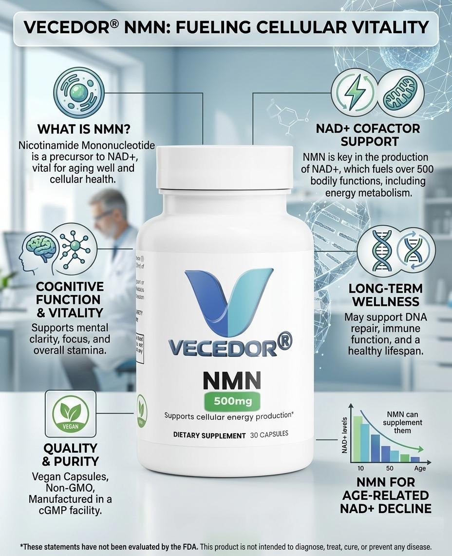 VECEDOR Pure NMN Supplement 500mg – Boost NAD+, Energy & Cellular Health
