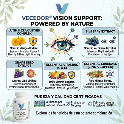 Vecedor Vision Support – Lutein and Zeaxanthin Supplement for Eye Health, Helps Reduce Eye Strain and Fatigue – 60 Capsules