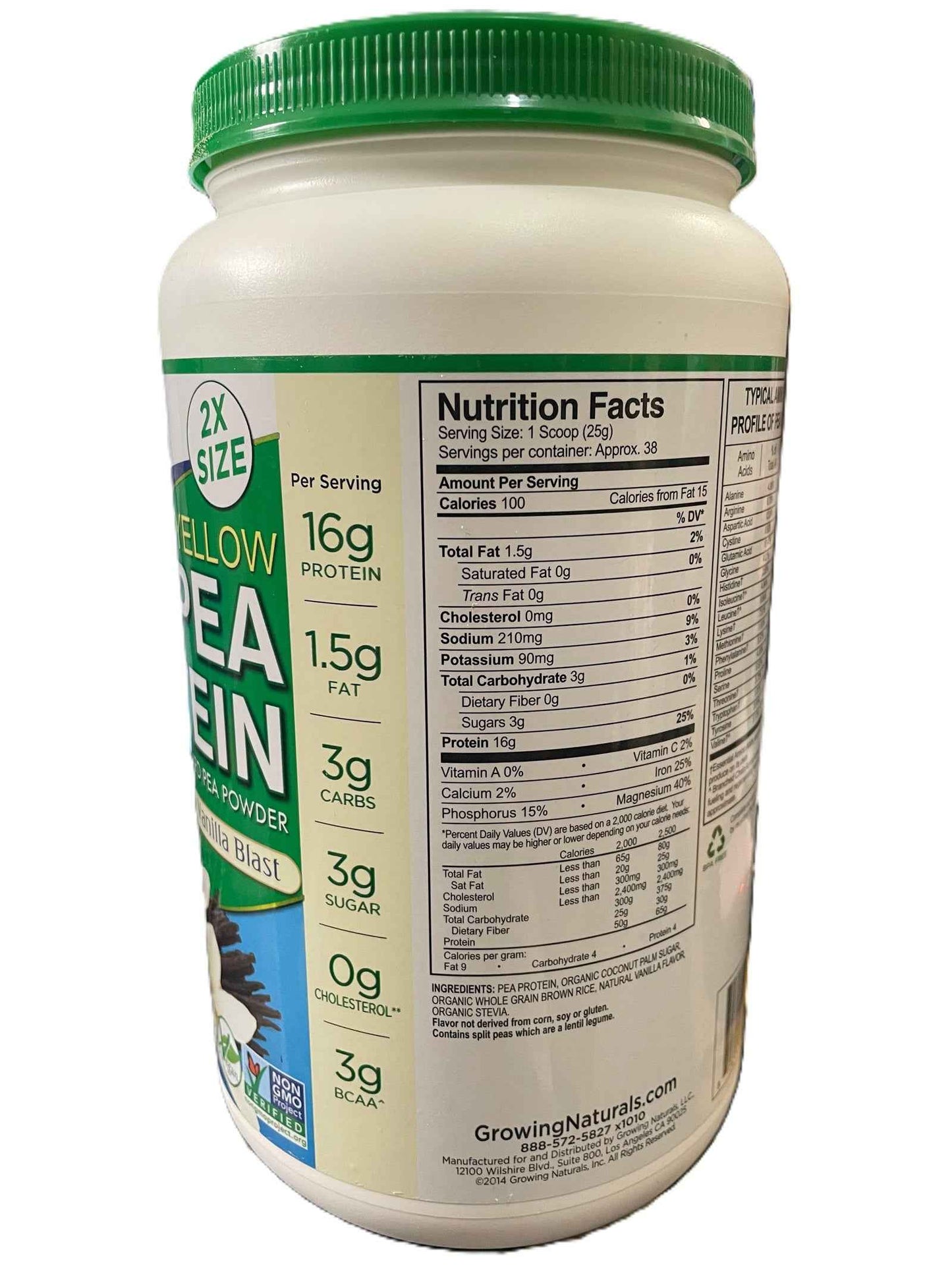 Growing Naturals Pea Protein Powder - Vanilla Flavor - 33.5OZ/3LBs Shipping Packaging