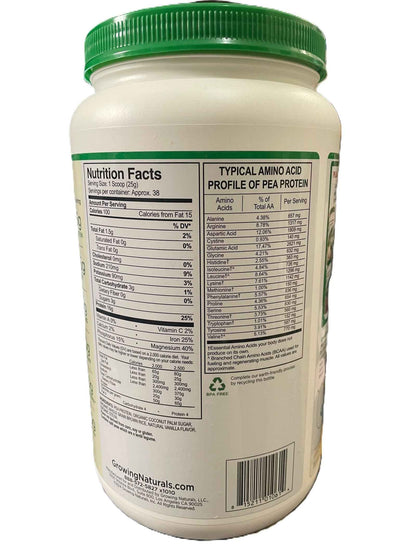 Growing Naturals Pea Protein Powder - Vanilla Flavor - 33.5OZ/3LBs Shipping Packaging