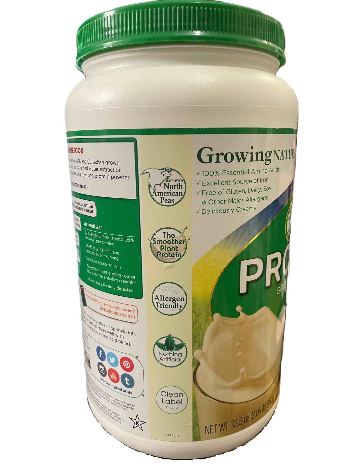 Growing Naturals Pea Protein Powder - Vanilla Flavor - 33.5OZ/3LBs Shipping Packaging
