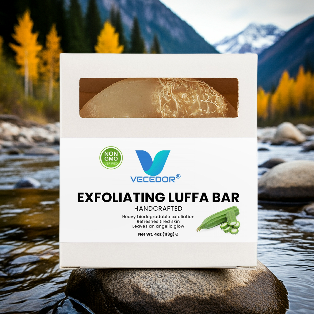 VECEDOR Exfoliating Luffa Bar – Natural Loofah Soap for Deep Cleansing & Smooth, Glowing Skin – Gentle Body Scrub, 4oz VECEDOR