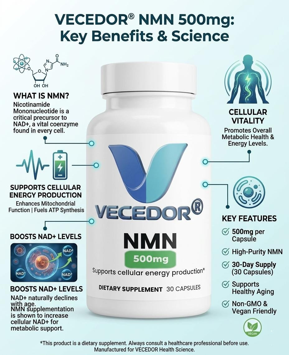 VECEDOR Pure NMN Supplement 500mg – Boost NAD+, Energy & Cellular Health