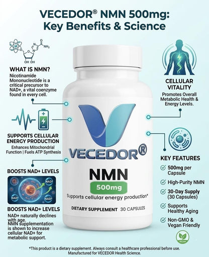 VECEDOR Pure NMN Supplement 500mg – Boost NAD+, Energy & Cellular Health