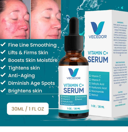 VECEDOR Organic Vitamin C Serum with Hyaluronic Acid and Centella Asiatica for Hydrated Skin and Wrinkle Reduction 1 fl oz