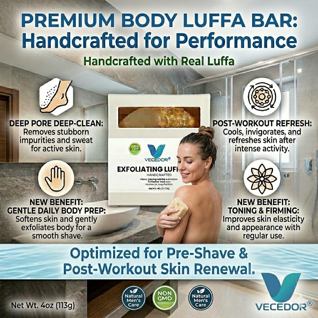 VECEDOR Exfoliating Luffa Bar – Natural Loofah Soap for Deep Cleansing & Smooth, Glowing Skin – Gentle Body Scrub, 4oz
