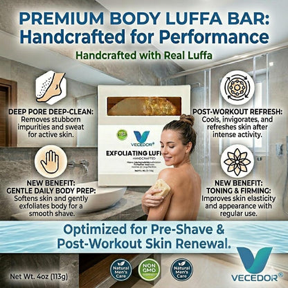 VECEDOR Exfoliating Luffa Bar – Natural Loofah Soap for Deep Cleansing & Smooth, Glowing Skin – Gentle Body Scrub, 4oz