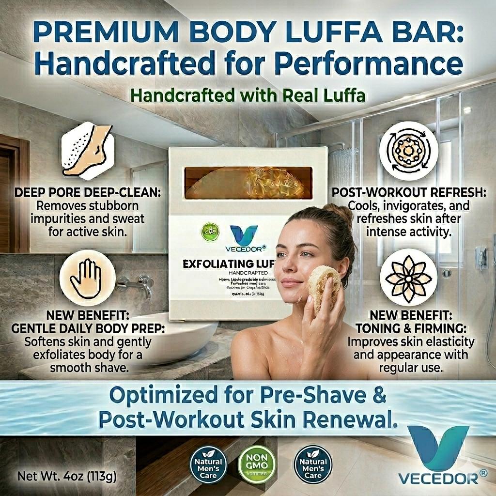 VECEDOR Exfoliating Luffa Bar – Natural Loofah Soap for Deep Cleansing & Smooth, Glowing Skin – Gentle Body Scrub, 4oz