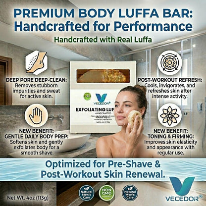 VECEDOR Exfoliating Luffa Bar – Natural Loofah Soap for Deep Cleansing & Smooth, Glowing Skin – Gentle Body Scrub, 4oz
