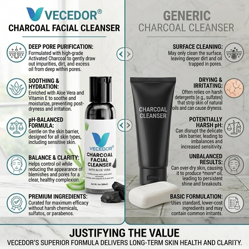 VECEDOR Charcoal Facial Cleanser – Deep Cleansing Face Wash for Oily & Acne-Prone Skin – Removes Impurities, Detoxifies & Unclogs Pores, 4oz