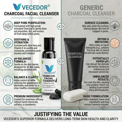 VECEDOR Charcoal Facial Cleanser – Deep Cleansing Face Wash for Oily & Acne-Prone Skin – Removes Impurities, Detoxifies & Unclogs Pores, 4oz