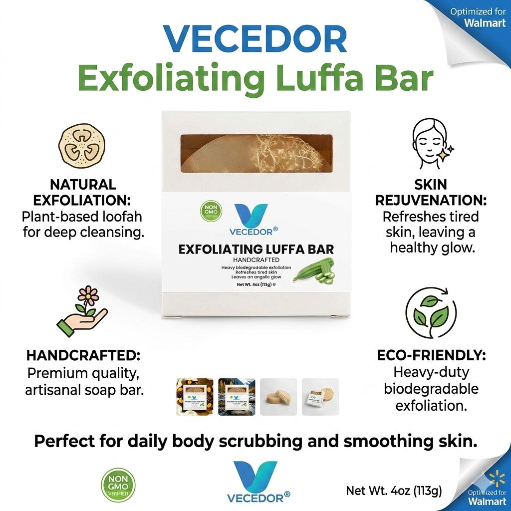 VECEDOR Exfoliating Luffa Bar – Natural Loofah Soap for Deep Cleansing & Smooth, Glowing Skin – Gentle Body Scrub, 4oz