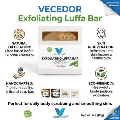 VECEDOR Exfoliating Luffa Bar – Natural Loofah Soap for Deep Cleansing & Smooth, Glowing Skin – Gentle Body Scrub, 4oz