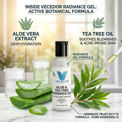 VECEDOR Aloe & Tea Tree Radiance Gel – Soothing Face Gel for Acne-Prone & Sensitive Skin – Hydrating, Brightening & Anti-Inflammatory, 2oz