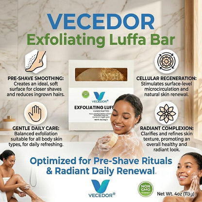 VECEDOR Exfoliating Luffa Bar – Natural Loofah Soap for Deep Cleansing & Smooth, Glowing Skin – Gentle Body Scrub, 4oz