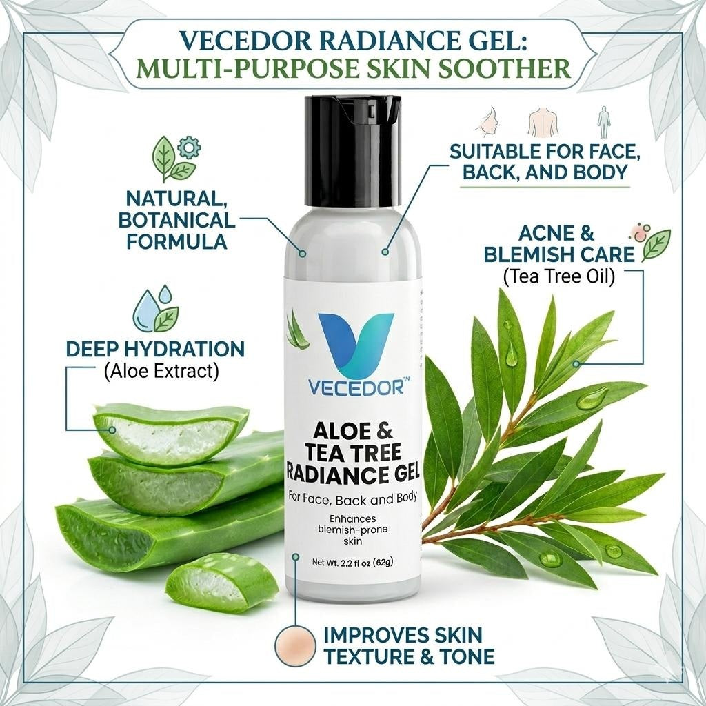 VECEDOR Aloe & Tea Tree Radiance Gel – Soothing Face Gel for Acne-Prone & Sensitive Skin – Hydrating, Brightening & Anti-Inflammatory, 2oz