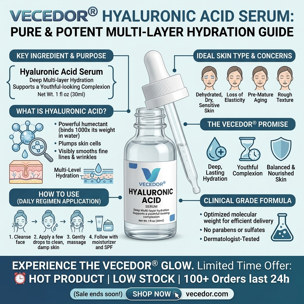 Vecedor Hyaluronic Acid Serum - Deep Multi-Layer Hydration for Enhanced Moisture Retention & Elasticity - 1 fl oz