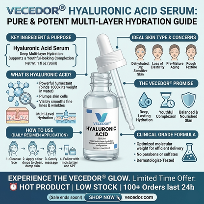 Vecedor Hyaluronic Acid Serum - Deep Multi-Layer Hydration for Enhanced Moisture Retention & Elasticity - 1 fl oz