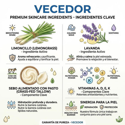 VECEDOR Tallow Cream Lemongrass & Lavender – Natural Face & Body Moisturizer for Dry Skin, Nourishing & Hydrating Balm, 2oz
