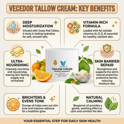 VECEDOR Tallow Cream Orange & Bergamot – Natural Face & Body Moisturizer for Dry Skin, Nourishing & Hydrating Balm, 2oz