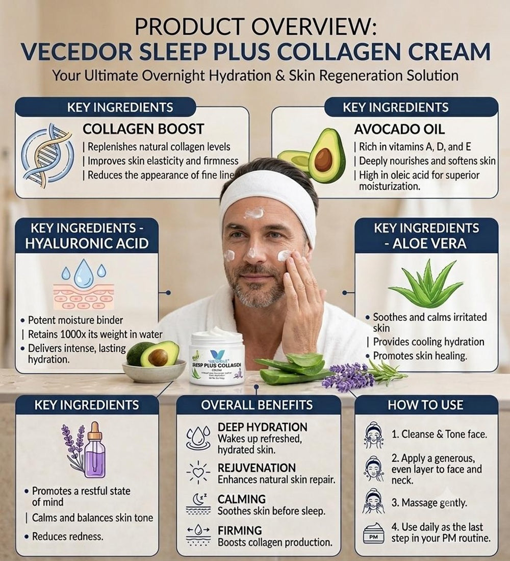 VECEDOR Sleep Plus Collagen Cream – Night Moisturizer with Collagen & Hyaluronic Acid for Hydration, Firming & Anti-Aging, 2oz