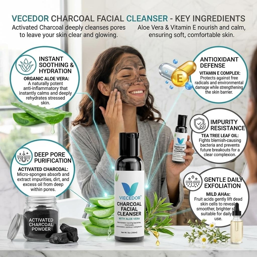 VECEDOR Charcoal Facial Cleanser – Deep Cleansing Face Wash for Oily & Acne-Prone Skin – Removes Impurities, Detoxifies & Unclogs Pores, 4oz
