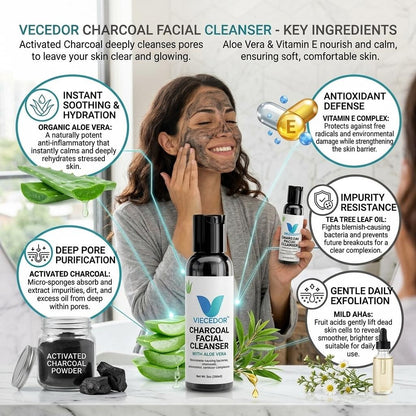 VECEDOR Charcoal Facial Cleanser – Deep Cleansing Face Wash for Oily & Acne-Prone Skin – Removes Impurities, Detoxifies & Unclogs Pores, 4oz