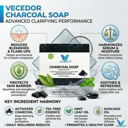 VECEDOR Charcoal Soap – Detoxifying Bar for Oily & Acne-Prone Skin – Deep Cleansing, Exfoliating & Brightening, 4oz