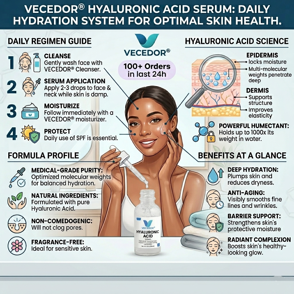 Vecedor Hyaluronic Acid Serum - Deep Multi-Layer Hydration for Enhanced Moisture Retention & Elasticity - 1 fl oz