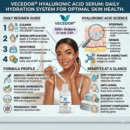 Vecedor Hyaluronic Acid Serum - Deep Multi-Layer Hydration for Enhanced Moisture Retention & Elasticity - 1 fl oz