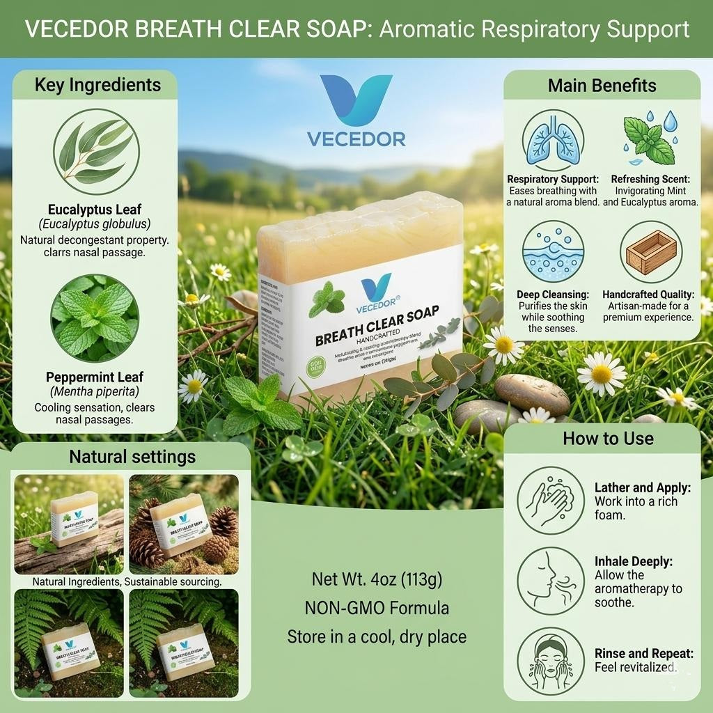 VECEDOR Breathe Clear Soap – Eucalyptus & Peppermint Bar for Respiratory Support, Deep Cleansing & Refreshing Aromatherapy, 4oz