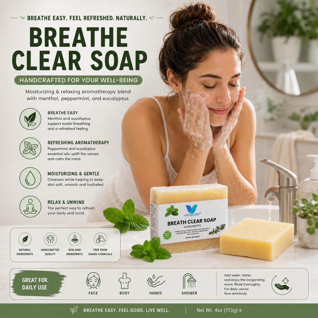 VECEDOR Breathe Clear Soap – Eucalyptus & Peppermint Bar for Respiratory Support, Deep Cleansing & Refreshing Aromatherapy, 4oz