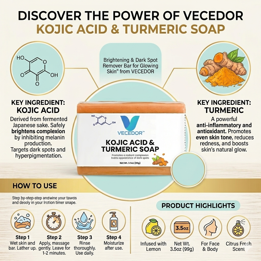 VECEDOR Kojic Acid & Turmeric Soap – Brightening & Dark Spot Remover Bar for Glowing Skin, 4oz