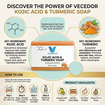 VECEDOR Kojic Acid & Turmeric Soap – Brightening & Dark Spot Remover Bar for Glowing Skin, 4oz