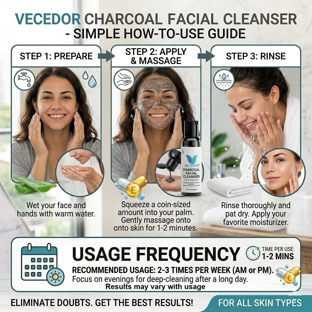 VECEDOR Charcoal Facial Cleanser – Deep Cleansing Face Wash for Oily & Acne-Prone Skin – Removes Impurities, Detoxifies & Unclogs Pores, 4oz